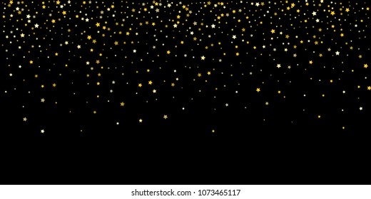 Gold, luxury glitter Stars, sprocket, shiny confetti. Scattered little sparkle, flash silver, elements. Random stellar fall on black horizontal background. New Year, Christmas Vector illustration