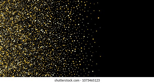 Gold, luxury glitter Stars, sprocket, shiny confetti. Scattered little sparkle, flash silver, elements. Random stellar fall on black horizontal background. New Year, Christmas Vector illustration