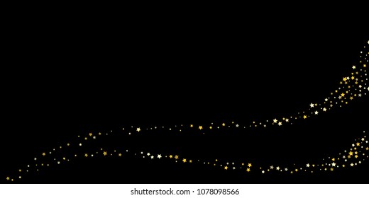 Gold, luxury glitter Stars, sprocket, shiny confetti. Scattered little sparkle, flash silver, elements. Random stellar fall on black horizontal background. New Year, Christmas Vector illustration