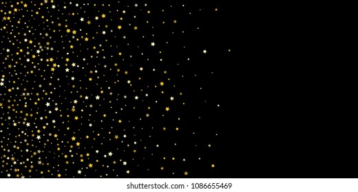 Gold, luxury glitter Stars, sprocket, shiny confetti. Scattered little sparkle, flash silver, elements. Random stellar fall on black horizontal background. New Year, Christmas Vector illustration