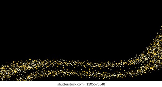 Gold, luxury glitter Stars, sprocket, shiny confetti. Scattered little sparkle, flash silver, elements. Random stellar fall on black horizontal background. New Year, Christmas Vector illustration