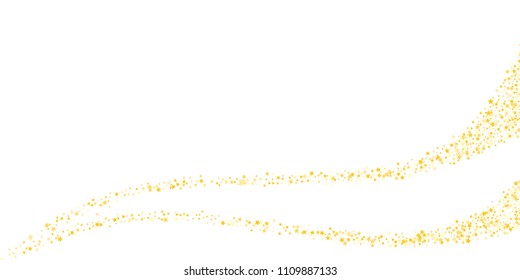 Gold, luxury glitter Stars, sprocket, shiny confetti. Scattered little sparkle, flash silver, elements. Random stellar fall on white horizontal background. New Year, Christmas Vector illustration.