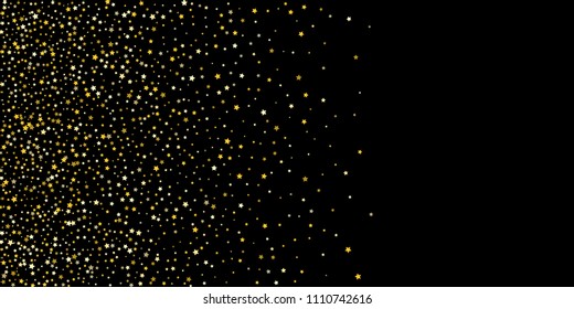 Gold, luxury glitter Stars, sprocket, shiny confetti. Scattered little sparkle, flash silver, elements. Random stellar fall on black horizontal background. New Year, Christmas Vector illustration