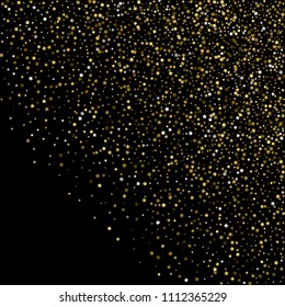 Gold, luxury glitter Stars, sprocket, shiny confetti. Scattered little sparkle, flash silver, elements. Random stellar fall on black background. New Year, Christmas Vector illustration