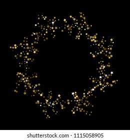 Gold, luxury glitter Stars, sprocket, shiny confetti. Scattered little sparkle, flash silver, elements. Christmas tree, stellar fall on black background. New Year, Christmas Vector illustration