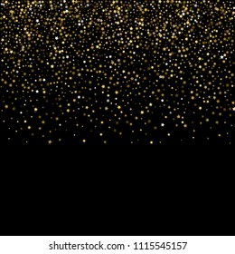 Gold, luxury glitter Stars, sprocket, shiny confetti. Scattered little sparkle, flash silver, elements. Random stellar fall on black background. New Year, Christmas Vector illustration