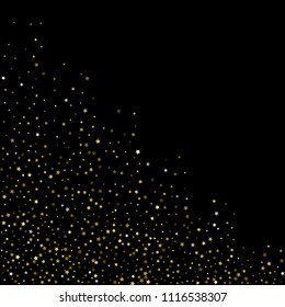 Gold, luxury glitter Stars, sprocket, shiny confetti. Scattered little sparkle, flash silver, elements. Random stellar fall on black background. New Year, Christmas Vector illustration