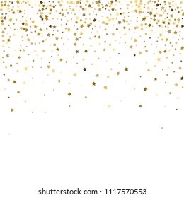 Gold, luxury glitter Stars, sprocket, shiny confetti. Scattered little sparkle, flash silver, elements. Random stellar fall on white background. New Year, Christmas Vector illustration.