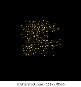 Gold, luxury glitter Stars, sprocket, shiny confetti. Scattered little sparkle, flash silver, elements. Random stellar fall on black background. New Year, Christmas Vector illustration