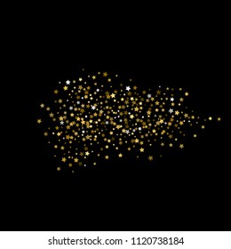 Gold, luxury glitter Stars, sprocket, shiny confetti. Scattered little sparkle, flash silver, elements. Random stellar fall on black background. New Year, Christmas Vector illustration