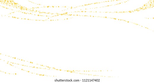 Gold, luxury glitter Stars, sprocket, shiny confetti. Scattered little sparkle, flash silver, elements. Random stellar fall on white horizontal background. New Year, Christmas Vector illustration.