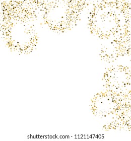 Gold, luxury glitter Stars, sprocket, shiny confetti. Scattered little sparkle, flash silver, elements. Random stellar fall on white background. New Year, Christmas Vector illustration.