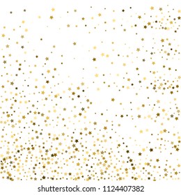Gold, luxury glitter Stars, sprocket, shiny confetti. Scattered little sparkle, flash silver, elements. Random stellar fall on white background. New Year, Christmas Vector illustration.
