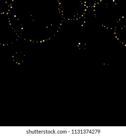 Gold, luxury glitter Stars, sprocket, shiny confetti. Scattered little sparkle, flash silver, elements. Random stellar fall on black background. New Year, Christmas Vector illustration