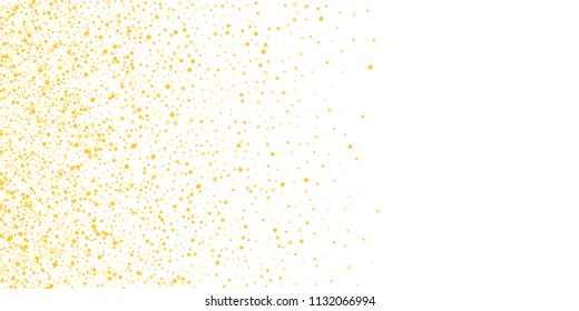 Gold, luxury glitter Stars, sprocket, shiny confetti. Scattered little sparkle, flash silver, elements. Random stellar fall on white horizontal background. New Year, Christmas Vector illustration.