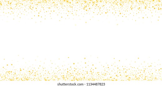 Gold, luxury glitter Stars, sprocket, shiny confetti. Scattered little sparkle, flash silver, elements. Random stellar fall on white horizontal background. New Year, Christmas Vector illustration.