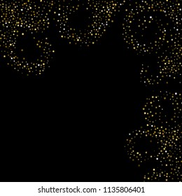 Gold, luxury glitter Stars, sprocket, shiny confetti. Scattered little sparkle, flash silver, elements. Random stellar fall on black background. New Year, Christmas Vector illustration