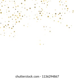 Gold, luxury glitter Stars, sprocket, shiny confetti. Scattered little sparkle, flash silver, elements. Random stellar fall on white background. New Year, Christmas Vector illustration.