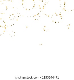 Gold, luxury glitter Stars, sprocket, shiny confetti. Scattered little sparkle, flash silver, elements. Random stellar fall on white background. New Year, Christmas Vector illustration.
