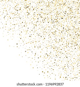 Gold, luxury glitter Stars, sprocket, shiny confetti. Scattered little sparkle, flash silver, elements. Random stellar fall on white background. New Year, Christmas Vector illustration.