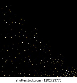 Gold, luxury glitter Stars, sprocket, shiny confetti. Scattered little sparkle, flash silver, elements. Random stellar fall on black background. New Year, Christmas Vector illustration