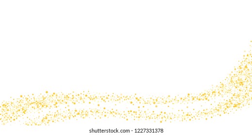 Gold, luxury glitter Stars, sprocket, shiny confetti. Scattered little sparkle, flash silver, elements. Random stellar fall on white horizontal background. New Year, Christmas Vector illustration.
