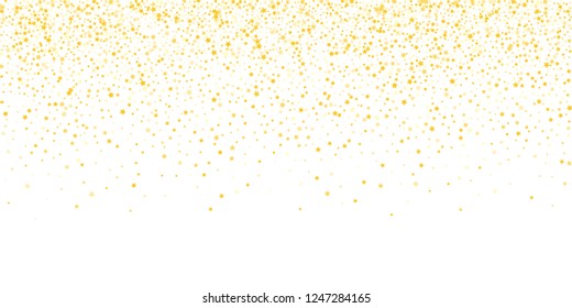 Gold, luxury glitter Stars, sprocket, shiny confetti. Scattered little sparkle, flash silver, elements. Random stellar fall on white horizontal background. New Year, Christmas Vector illustration.