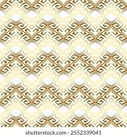 Patrón sin fisuras ornamental de lujo de oro de Grecia de estilo antiguo con zigzag, laberintos, olas, llave griega, meandro sobre fondo blanco. Vector hermosos adornos modernos adornados. Textura estampada sin bordes.