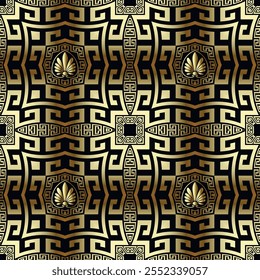 Gold luxury greece ancient style glowing 3d seamless pattern with mazes, greek key, meander, flowers. Vector ornamental beautiful ornate black and gold background. Edless texture. Modern repeat design