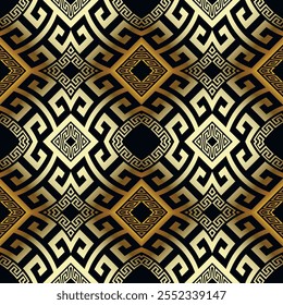 Gold luxury greece ancient style glowing 3d seamless pattern with mazes, greek key, meander, rhombus, circles. Vector ornamental beautiful ornate black and gold modern background. Edless texture. 