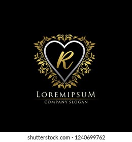 Gold Luxury Heart R Letter Badge, Wedding Logo