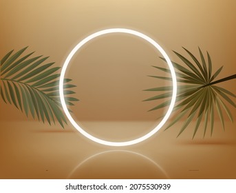 Gold luxury interior with neon light and tropical leaves. Realistic 3d style vector illustration 