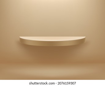 Gold luxury interior with radial shelf on the wall. Realistic 3d style vector illustration 