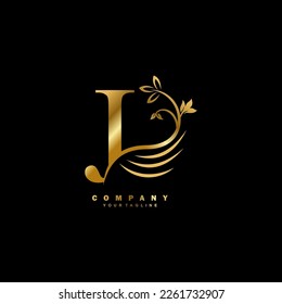 Gold luxury J letter logo with beautiful floral and feather ornament. feather logo. J typography, J monogram. Suitable for business logos, brands, companies, boutiques, beauty logos, etc