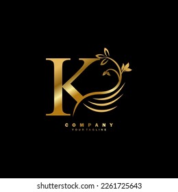 Gold luxury K letter logo with beautiful floral and feather ornament. feather logo. K typography, K monogram. Suitable for business logos, brands, companies, boutiques, beauty logos, etc