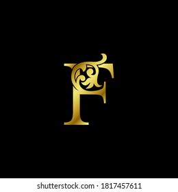 Gold Luxury Letter F Ornament Logo. Alphabet monogram gold floral deco ornate initial letter vector design.