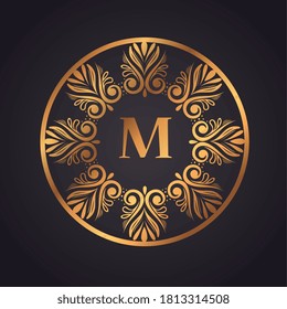 gold luxury letter M in frame circular vector illustration design