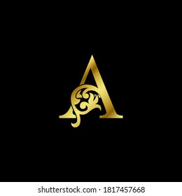 Gold Luxury Letter A Ornament Logo. Alphabet monogram gold floral deco ornate initial letter vector design.