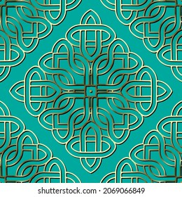 Gold luxury lines seamless pattern. Ornamental turquoise floral background. Repeat arabesque background. Celtic gothic style golden Deco ornament. Beautiful patterned line art design. Endless texture.