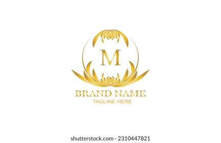Logotipo de lujo dorado, elegante diseño de vector monograma con letra inicial M sobre fondo blanco.