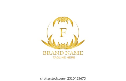 Gold luxury logo, elegant monogram vector design with initial letter F on white background.