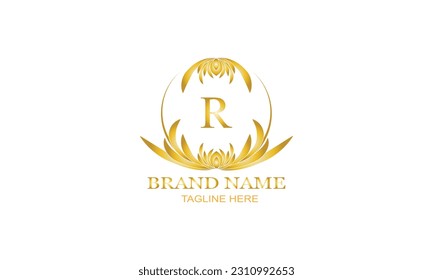 Gold luxury logo, elegant monogram vector design with initial letter R on white background.