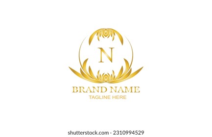 Logotipo de lujo dorado, elegante diseño de vector monograma con letra inicial N sobre fondo blanco.