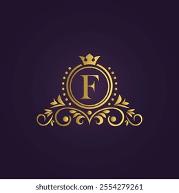 Gold Luxury Logo - Elegant Monogram 'F' with Crown Design