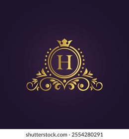 Gold Luxury Logo - Elegant Monogram 'H' with Crown Design
