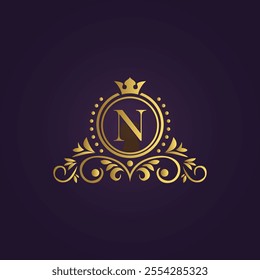 Gold Luxury Logo - Elegant Monogram 'N' with Crown Design
