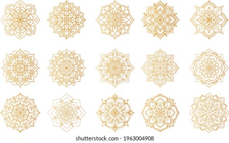 Gold Luxury mandala Design Vektorgrafik Logo Symbol für Druck, Poster, Cover, Oriental Rundmuster. Islam, arabische, indische, türkische, pakistanische, chinesische, ottomanische Motive. handgezeichnet mit Blumen