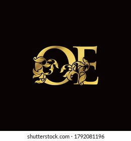 Gold Luxury O und E, OE Letter Initial Logo Symbol, Monogram Floral Leaf Logo Template Design.