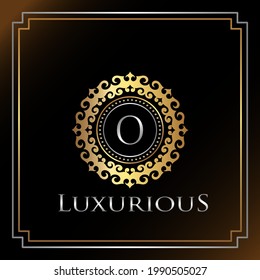 Gold Luxury Ornate Badge O Logo Letter. Elegance Ornate Decorative Luxury Initial Logo Template Golden Color.