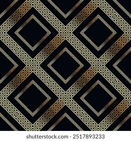 Gold luxury rhombus frames waffle seamless pattern. Vector ornamental greek background. Elegant repeat Deco backdrop. Golden geometric ornaments. Modern abstract ornate design. Endless texture.